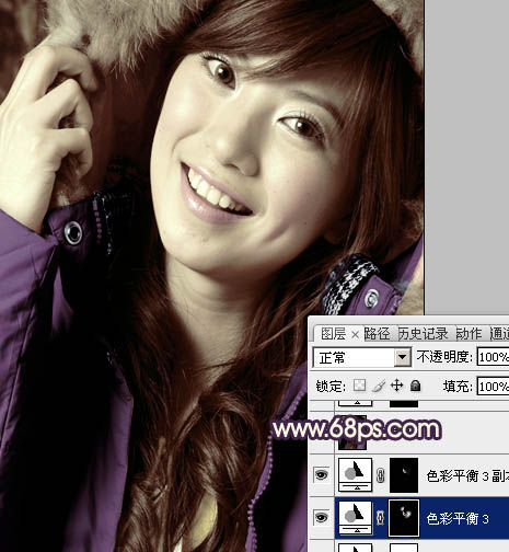 Photoshop下将人物特写调成个性的暗调黄紫色
