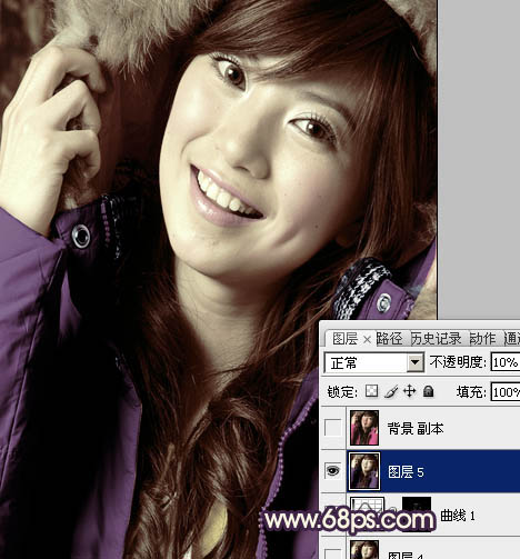 Photoshop下将人物特写调成个性的暗调黄紫色