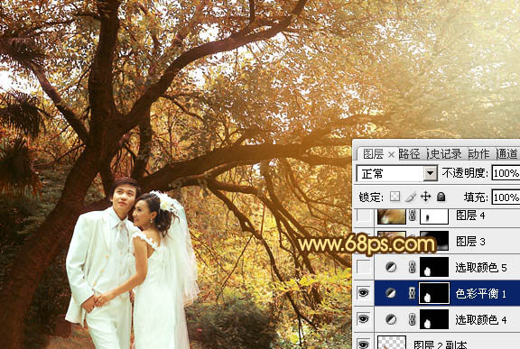 Photoshop将绿色婚片调制出温馨的橙褐色效果