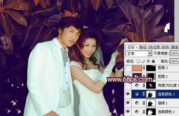 Photoshop将树林婚片调制出柔美的暗调紫褐色效果