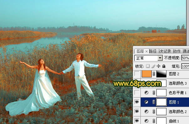 Photosho将江景芦苇婚片打造成唯美的晨曦效果