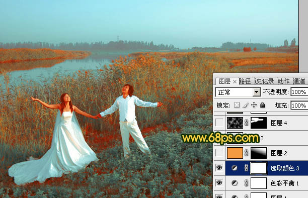 Photosho将江景芦苇婚片打造成唯美的晨曦效果