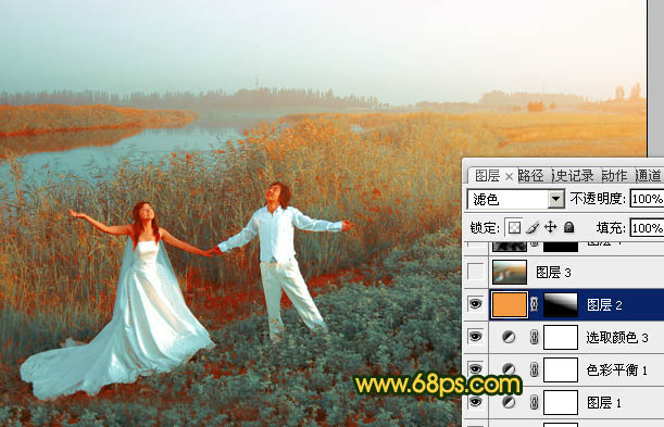 Photosho将江景芦苇婚片打造成唯美的晨曦效果