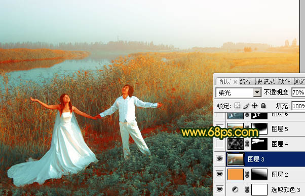 Photosho将江景芦苇婚片打造成唯美的晨曦效果