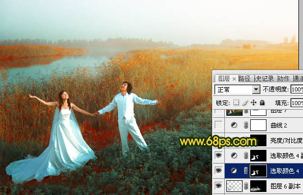 Photosho将江景芦苇婚片打造成唯美的晨曦效果