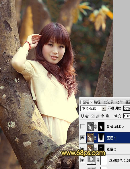 Photoshop将树林写真人物图片调制出柔美的红褐色效果