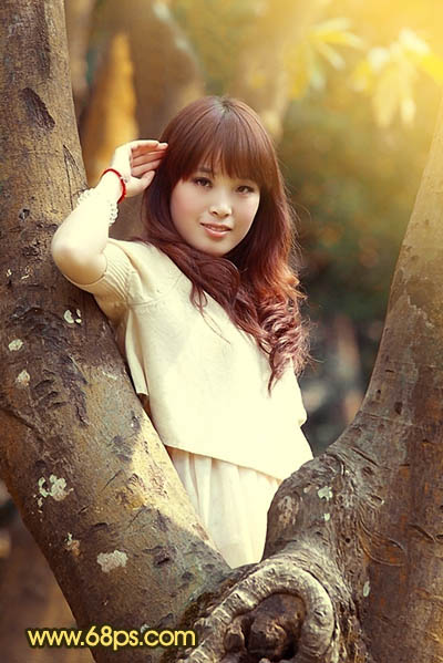 Photoshop将树林写真人物图片调制出柔美的红褐色效果