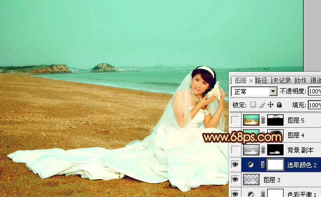 Photoshop将沙滩女孩婚片调制出柔美的青黄色效果