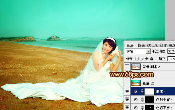 Photoshop将沙滩女孩婚片调制出柔美的青黄色效果