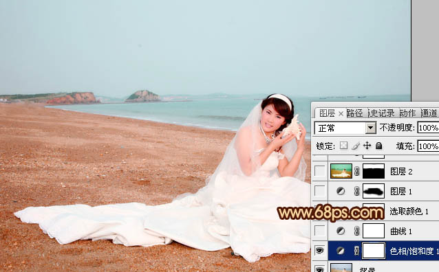 Photoshop将沙滩女孩婚片调制出柔美的青黄色效果