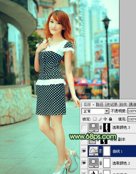 Photoshop将街景人物图片调制出流行的青色调效果