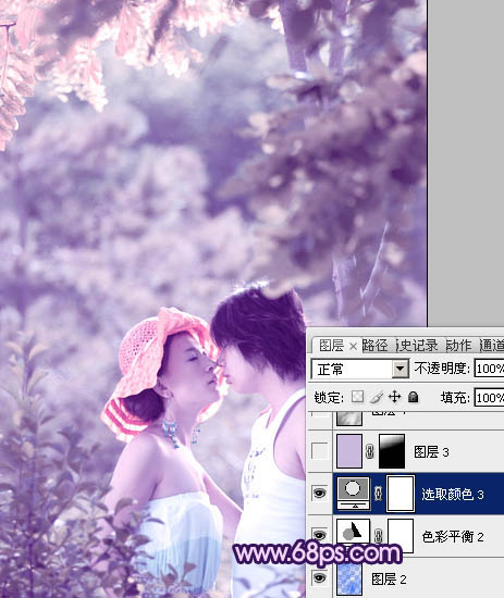 Photoshop树林人物图片调制出流行的淡雅柔美的日韩粉蓝色效果