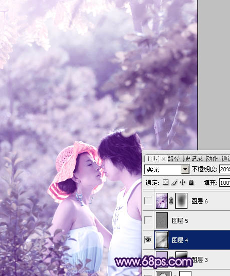 Photoshop树林人物图片调制出流行的淡雅柔美的日韩粉蓝色效果