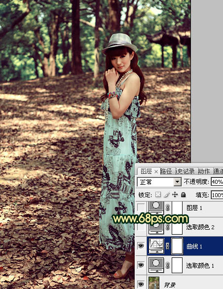 Photoshop将树林女孩图片调成柔和的暗调红青色