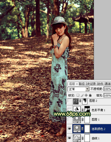 Photoshop将树林女孩图片调成柔和的暗调红青色