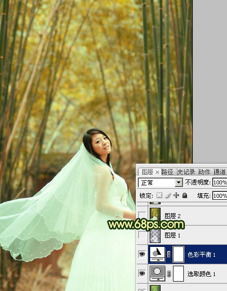 Photoshop将竹林婚片调制出漂亮的古典黄绿色效果