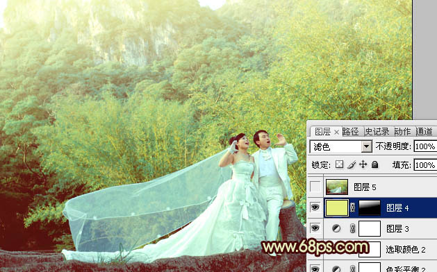 Photoshop将竹林婚片调制出粉嫩的黄青色效果