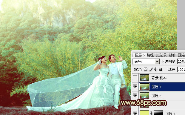 Photoshop将竹林婚片调制出粉嫩的黄青色效果