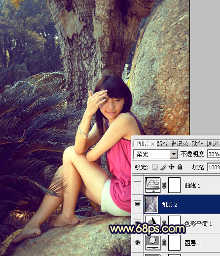 Photoshop将给公园女生图片添加上柔和的蓝黄色效果