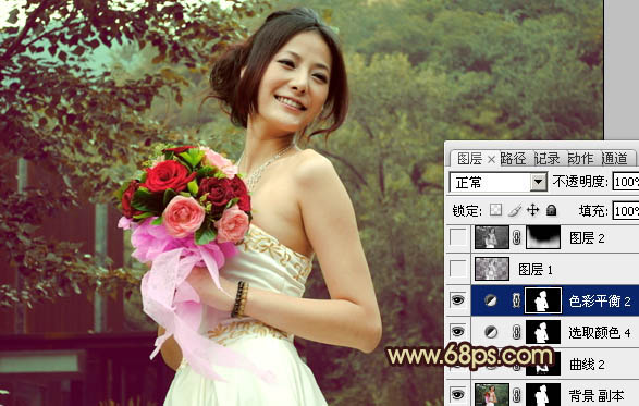 Photoshop将外景婚片打造出流行的青褐色效果