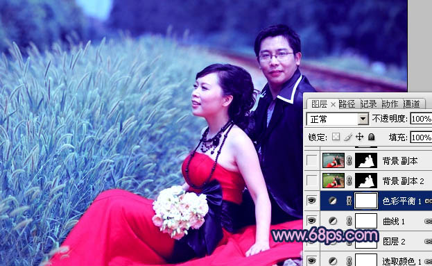 Photoshop将铁轨婚片调制成暗调青蓝色效果