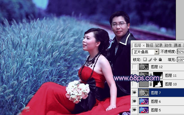 Photoshop将铁轨婚片调制成暗调青蓝色效果