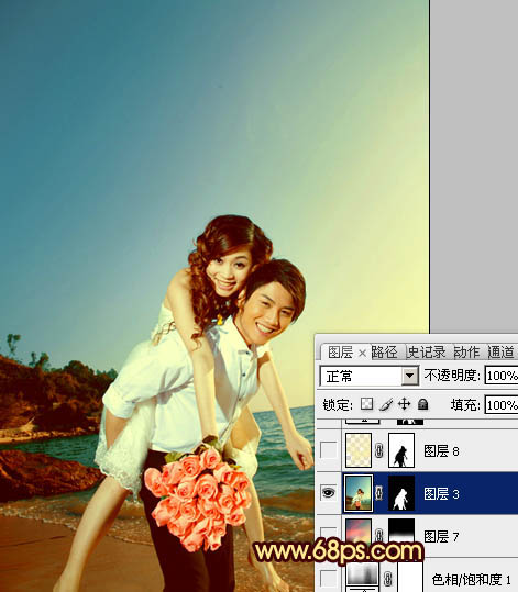 Photoshop将蓝色海景婚片调制成漂亮的晚霞阳光效果