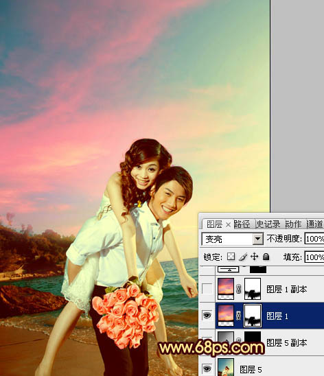 Photoshop将蓝色海景婚片调制成漂亮的晚霞阳光效果