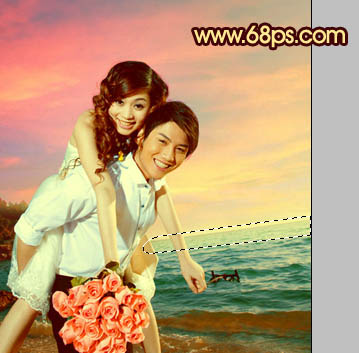 Photoshop将蓝色海景婚片调制成漂亮的晚霞阳光效果