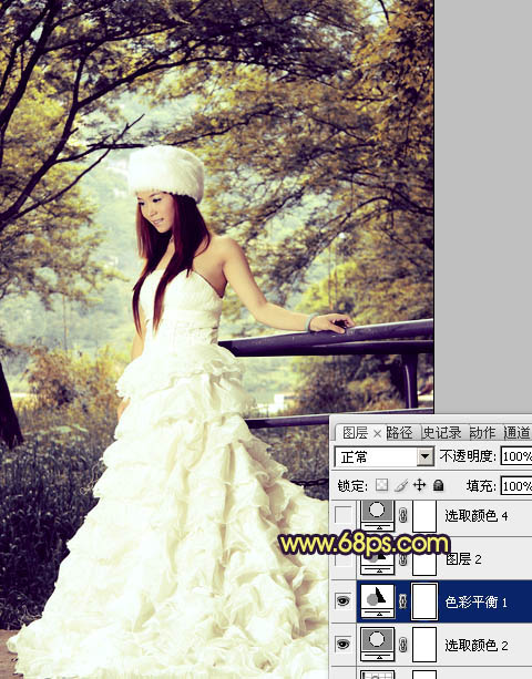 Photoshop将树林美女婚片调制成梦幻的黄蓝色