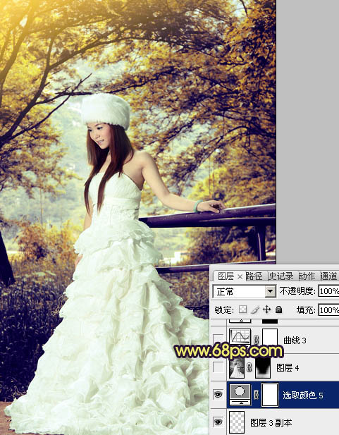 Photoshop将树林美女婚片调制成梦幻的黄蓝色