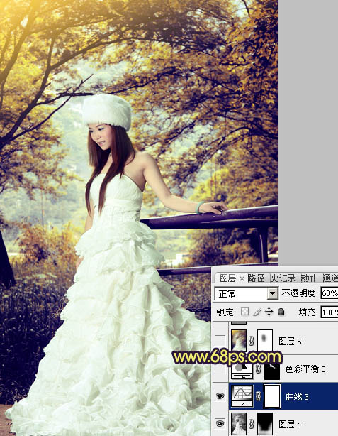 Photoshop将树林美女婚片调制成梦幻的黄蓝色