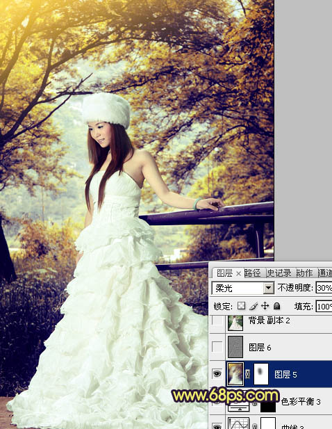 Photoshop将树林美女婚片调制成梦幻的黄蓝色