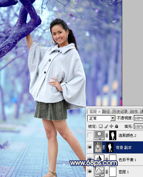 Photoshop将外景人物图片调制出时尚的淡调蓝紫色效果