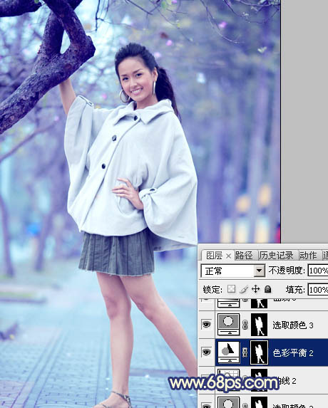 Photoshop将外景人物图片调制出时尚的淡调蓝紫色效果