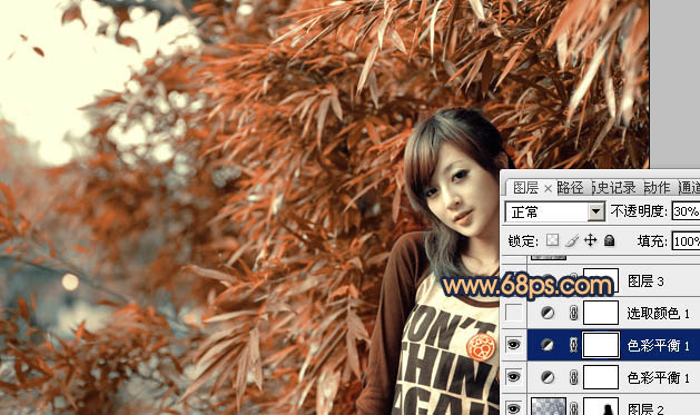 Photoshop将竹林女生图片调制出甜美的橙红色效果