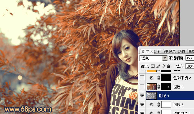 Photoshop将竹林女生图片调制出甜美的橙红色效果