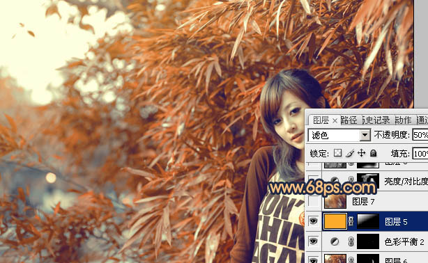 Photoshop将竹林女生图片调制出甜美的橙红色效果