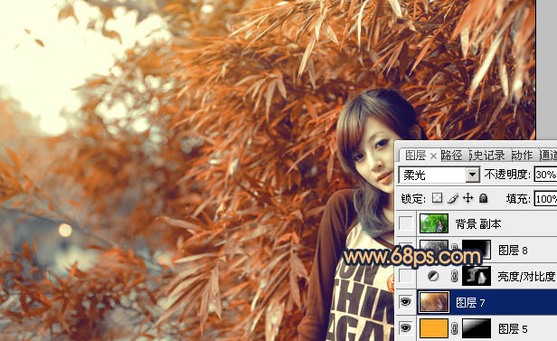 Photoshop将竹林女生图片调制出甜美的橙红色效果
