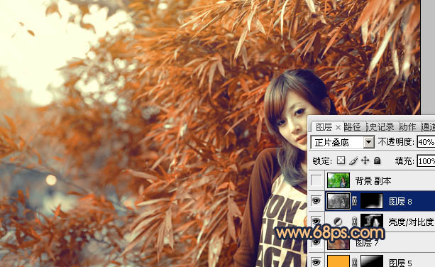 Photoshop将竹林女生图片调制出甜美的橙红色效果