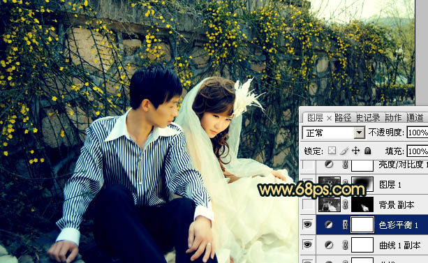 Photoshop制作淡雅的青黄色外景婚片