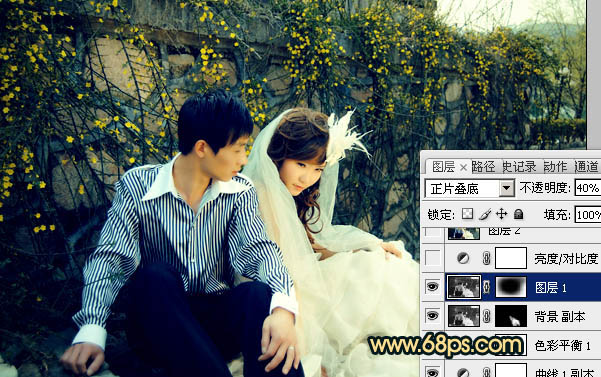 Photoshop制作淡雅的青黄色外景婚片