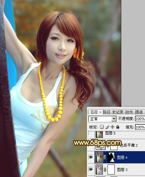 Photoshop将公园美女图片调制出甜美的青红色效果