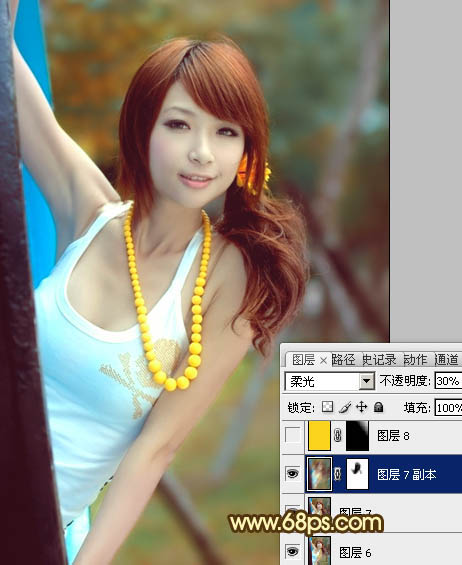 Photoshop将公园美女图片调制出甜美的青红色效果