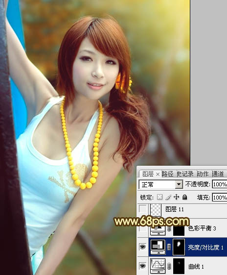 Photoshop将公园美女图片调制出甜美的青红色效果