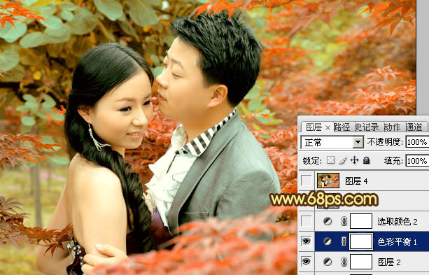 Photoshop制作柔美的橙红色树林婚片