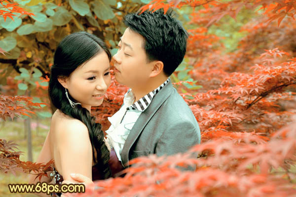 Photoshop制作柔美的橙红色树林婚片