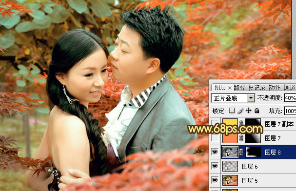 Photoshop制作柔美的橙红色树林婚片