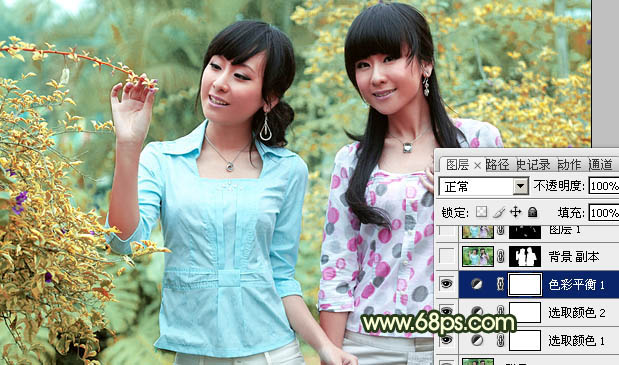 Photoshop调制出甜美的淡黄日韩色树林美女图片