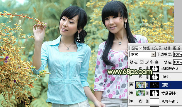 Photoshop调制出甜美的淡黄日韩色树林美女图片